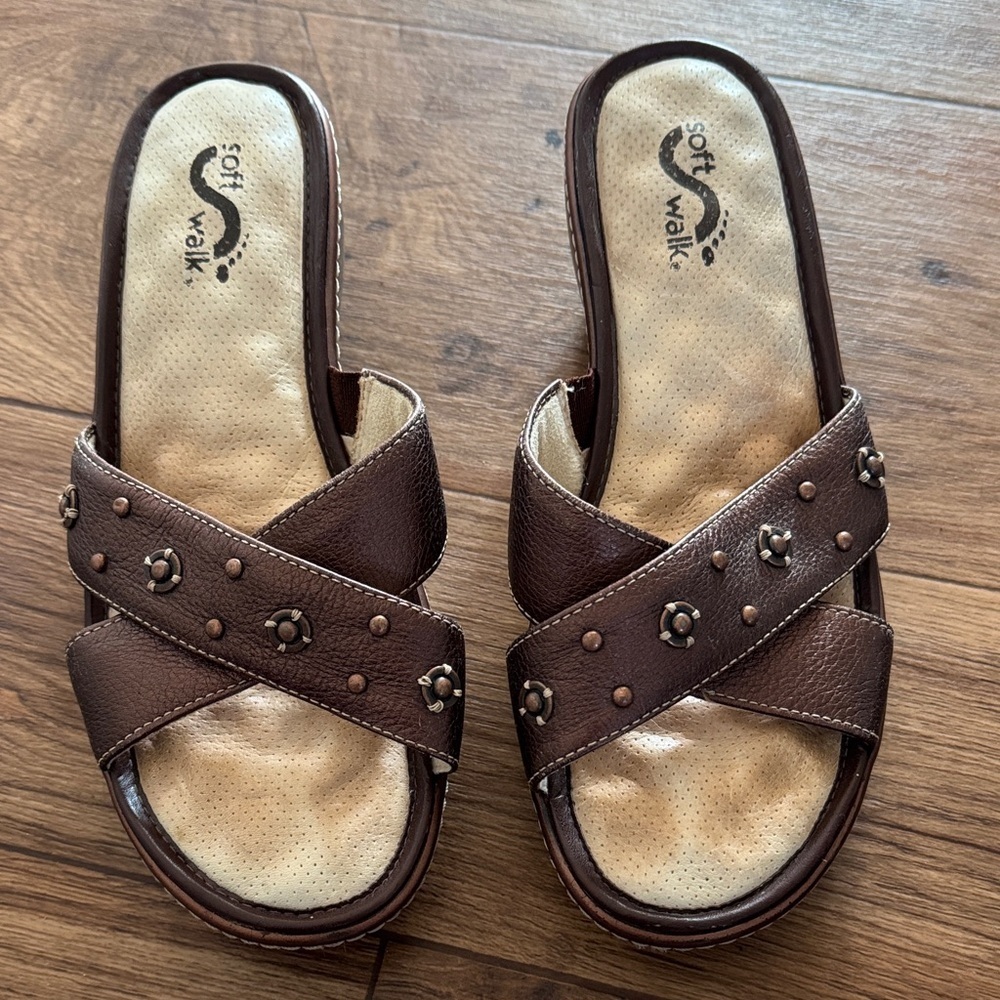 SoftWalk Brown Crisscross Studded Slide Sandals